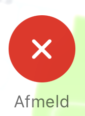 Den runde røde knap med et kryds og teksten "Afmeld".