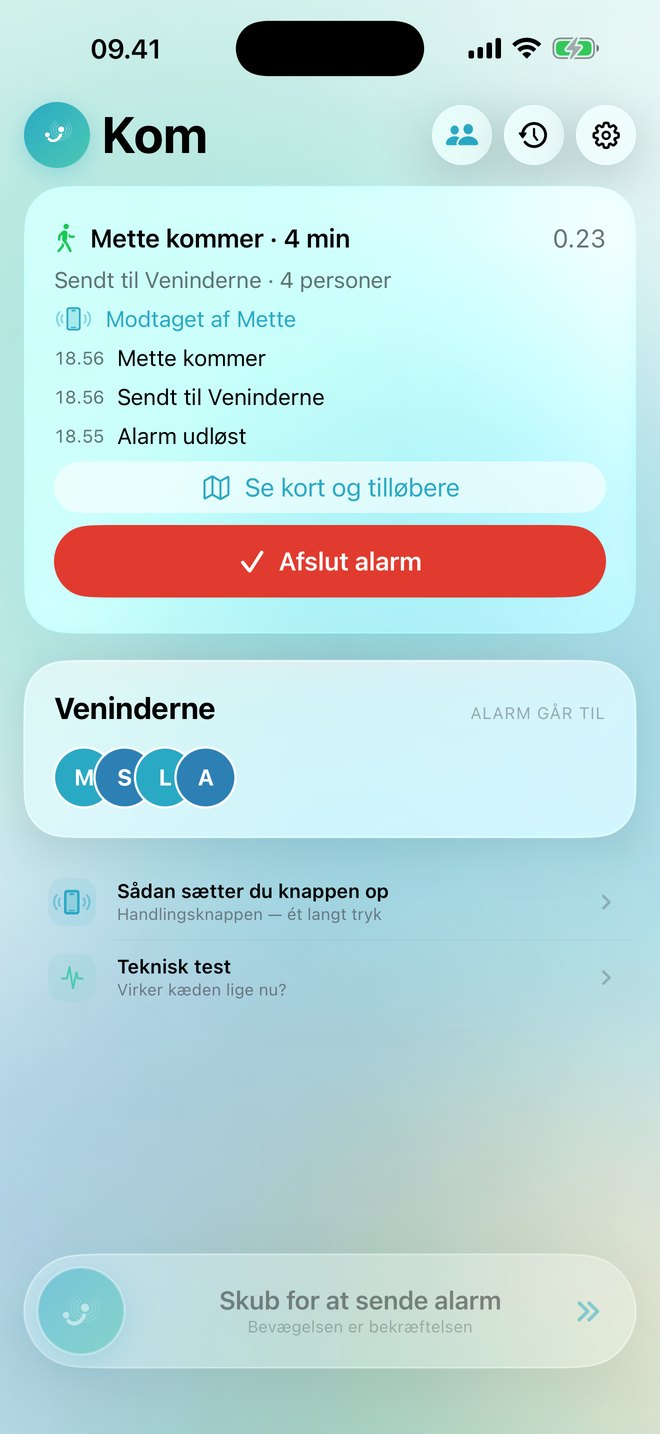 Kom på iPhone: forsiden mens alarmen kører. Øverst står "Mette kommer · 4 min" med forløbet under, derefter Se kort og tilløbere og Afslut alarm. Nederst ligger skub-knappen.
